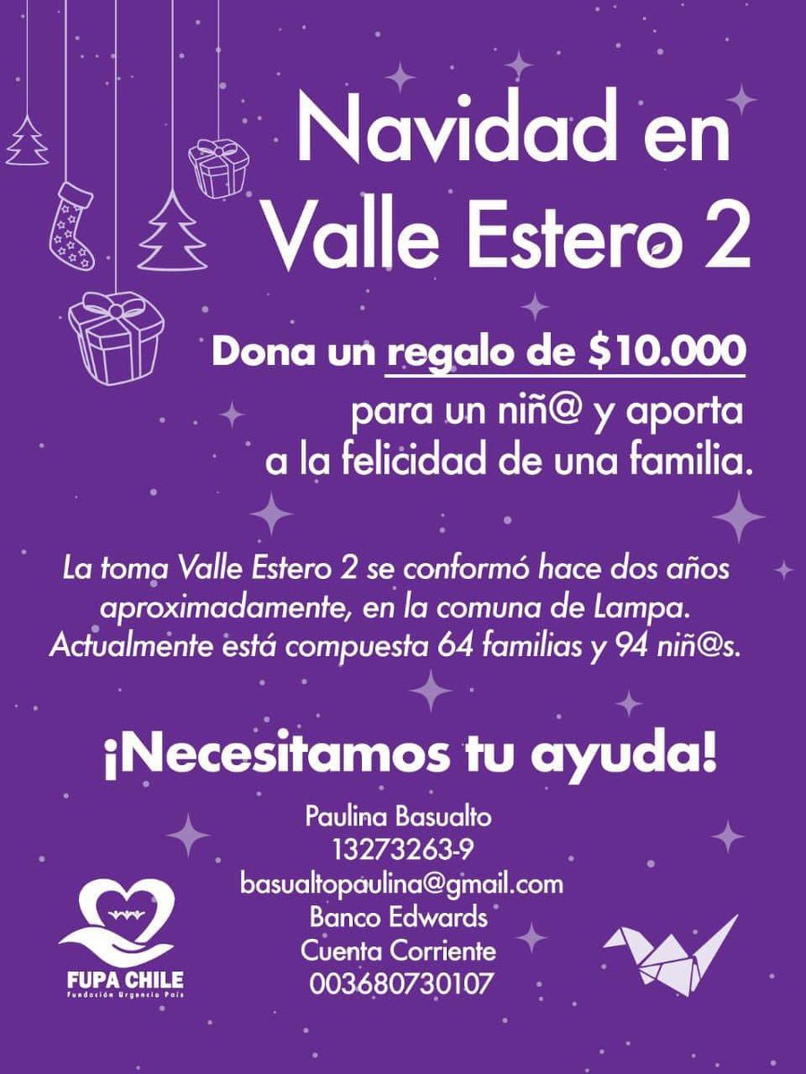fupachile's tweet photo. #CAMPAÑAJUGUETEDENAVIDAD Hola, este año como de costumbre, de nuevo queremos ofrecer juguetes a los niños por la 5a. ed. #FUPANAVIDAD2021 así que si alguien quiere apoyar con plata o juguetes, juguito individual, galletas pan de pascuas por favor comunique con fupachile@gmail.com https://t.co/3ZDnt4yZ8I