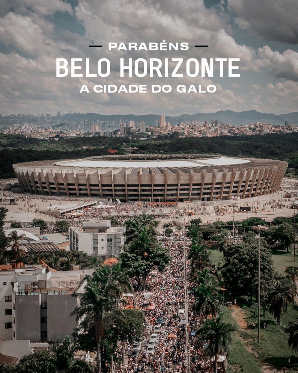 Atletico's tweet photo. 🎵 Oba, oba, obaaaaa, lê lê lê lêá, mas que cidade linda essa nossa BH! 🎶

🎉🎈 Parabéns pelos 124 anos, Belo Horizonte! Temos orgulho de sermos 100% mineiros e belorizontinos. Do coreto do Parque Municipal para o mundo, os parabéns do seu filho mais ilustre, BH! 👏🐔 #BH124Anos https://t.co/JQJo6m3dBe
