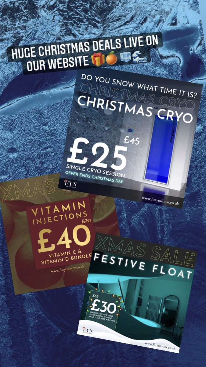 LeeCatlingSMT's tweet photo. Huge savings available at @TherealFYN until Christmas Day.
More offers coming over the next week and giveaways 👀
#foryounow #fyn #fynfloat #fyncryo #fynmassage #fynvitamins #fynrecovery #ipswich https://t.co/JJFCKvjouX