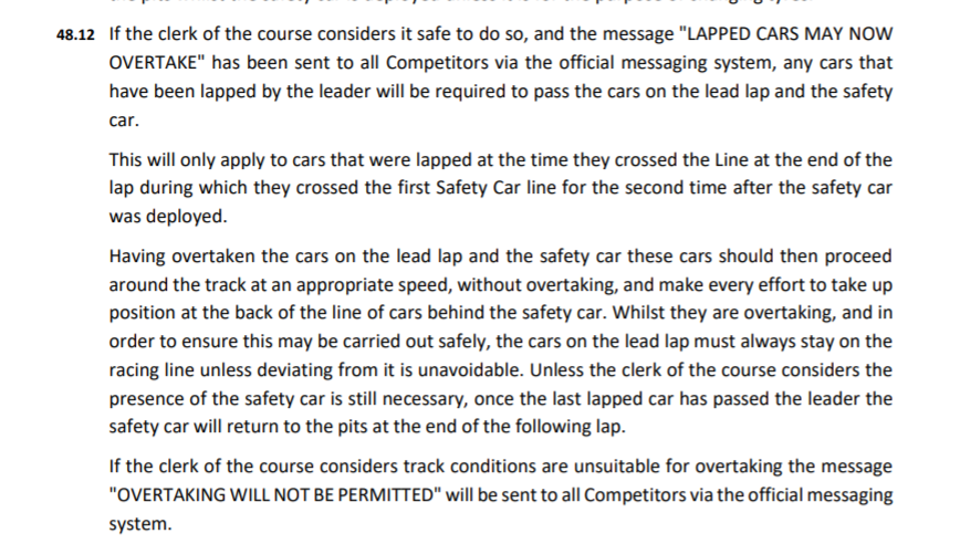 SwervinF1's tweet photo. @L3lur_podcasts @jakeherringmcfc @wtf1official "any cars that have been lapped by the leader will be REQUIRED to pass the cars on the lead lap and the safety car" not all lapped cars passed so thus it was not used correctly https://t.co/nwuNPPrULJ
