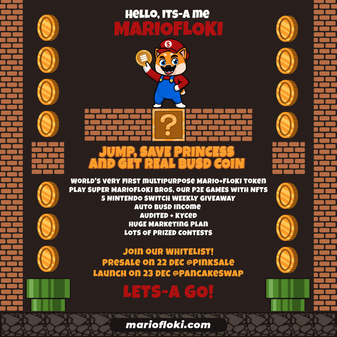 MarioFloki's tweet photo. World's very first Multifunctional MARIO + FLOKI Token WAHOOOOO!

Presale @pinkecosystem
On 22 Dec at 15.00 UTC

Softcap : 200 BNB
Hardcap : 400 BNB

Contribution
Min : 0.1 BNB
Max : 2 BNB

Lets-a GO and join our WHITELIST!!

Launch on @PancakeSwap
On 23 Dec at 15.00UTC https://t.co/WEICul87lk