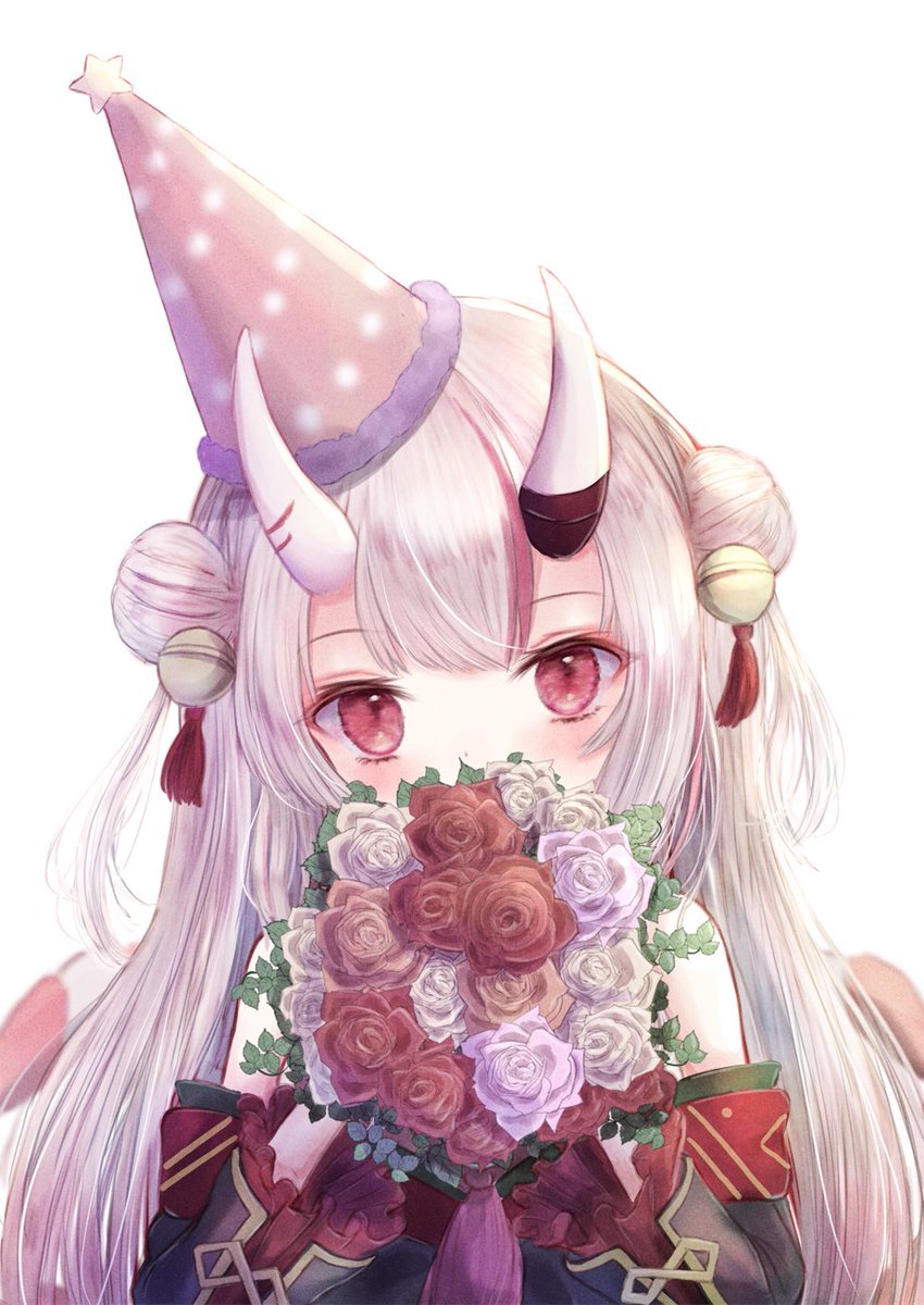 nakiri ayame 1girl horns solo double bun bell hair bun red eyes  illustration images