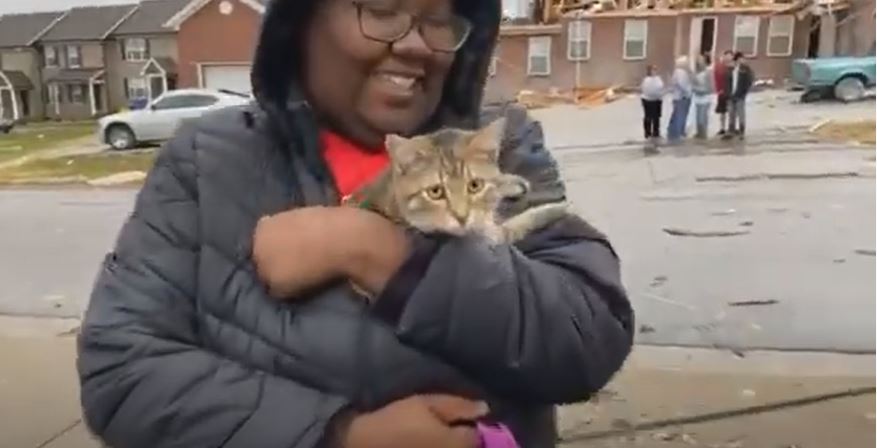 LorenzoTheCat's tweet photo. Woman finds her cat alive after the tornadoes destroyed homes in Bowling Green, Kentucky. ❤️🐱 https://t.co/ETmWBRLFU3