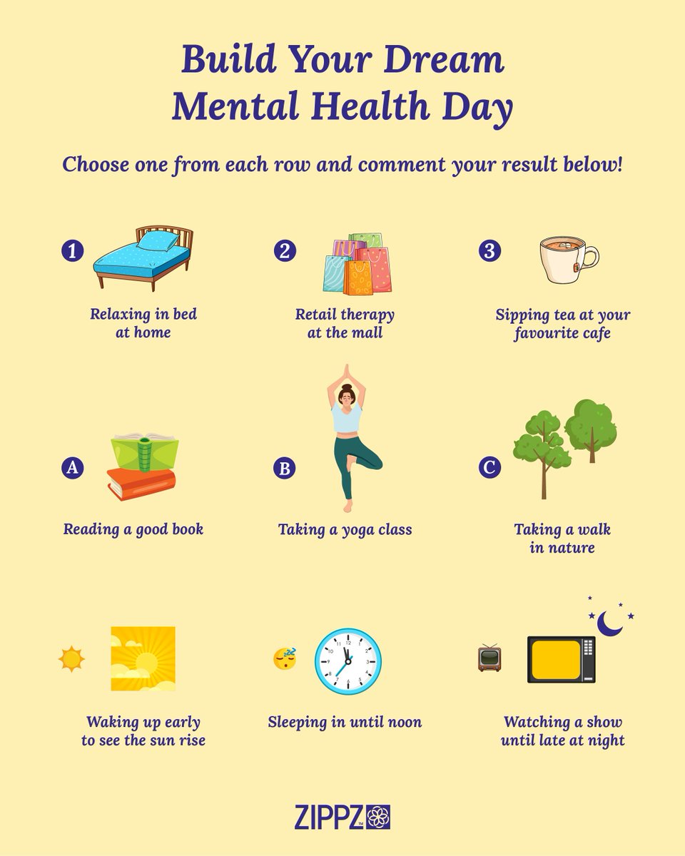 zippzwellness's tweet photo. What would your dream mental health day be? 

Comment below with your top pick from each row! 👇 #ZIPPZWellness https://t.co/50A2XSwMf6