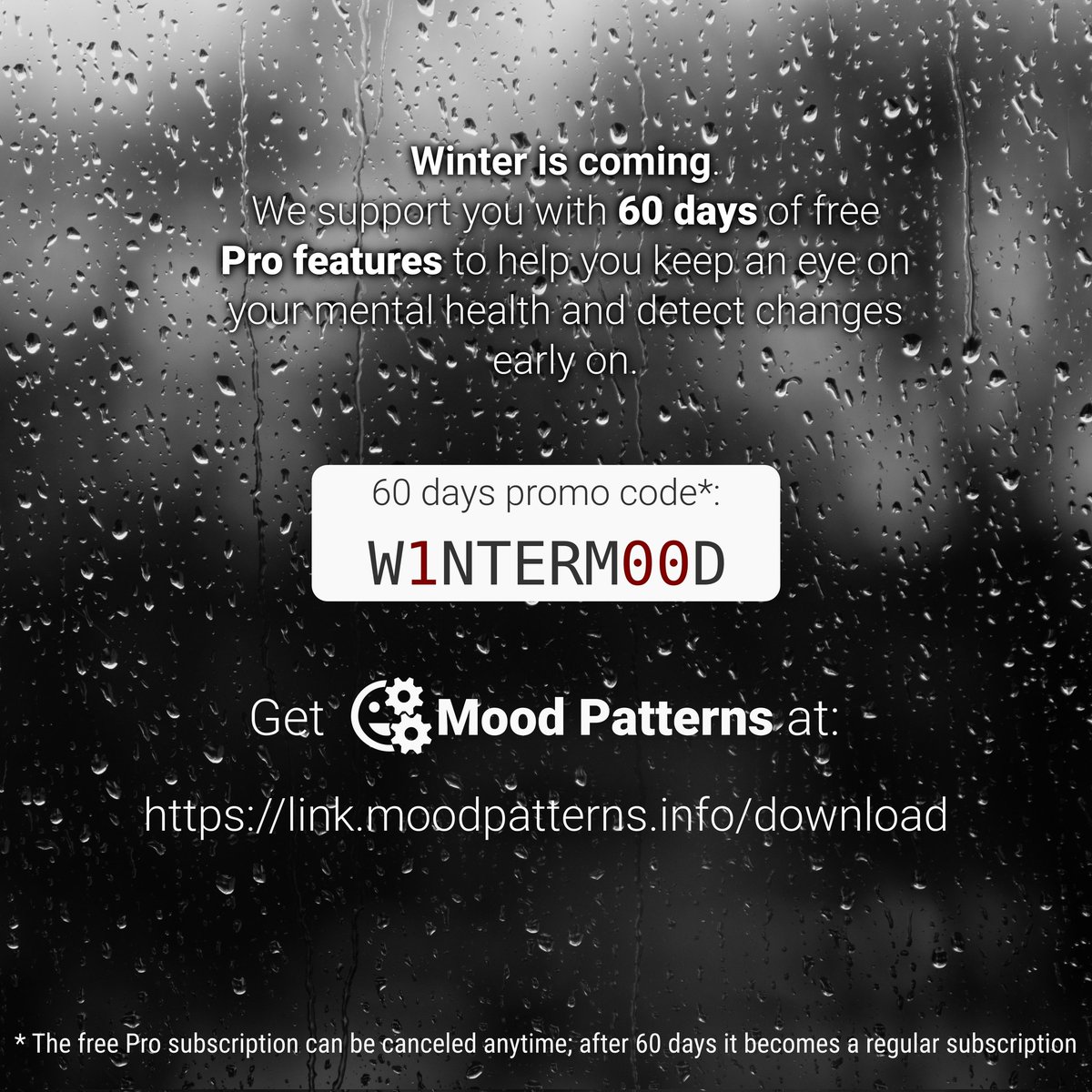 MoodPatterns's tweet photo. #WinterIsComing! We support you with 60 days of free Pro features to help you keep an eye on your #mentalhealth.
Promo code: W1NTERM00D
https://t.co/0krpdYhBk5
#winterblues #SAD https://t.co/8lDTrDJvil