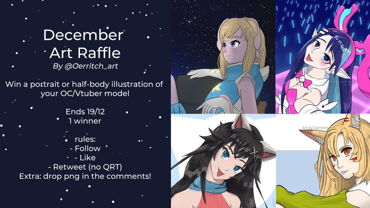 Gerritch_vt's tweet photo. I'd like to give back to this wonderful community, so I'm holding an art raffle! 

What to win: portrait or half-body illustration

1 Winner!
Ends 19/12

Rules:
- Follow me
- Like this tweet
- Retweet (no QRT)
- extra: drop your png in the comments

#artraffle #vtuber #ENVtuber https://t.co/lJaGxiU1mm