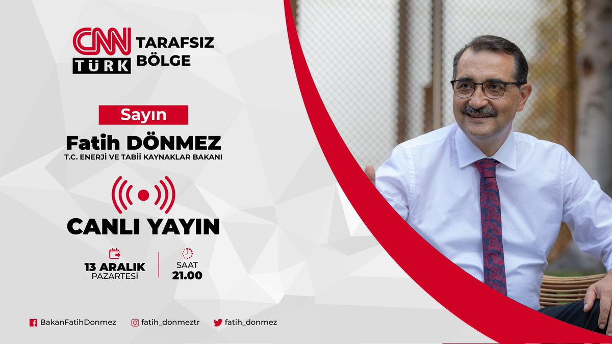 Sayın Bakanımız @Fatih_Donmez yarın 21.00'de CnnTürk'te Tarafsız Bölge programında Ahmet Hakan'ın konuğu olacak.
