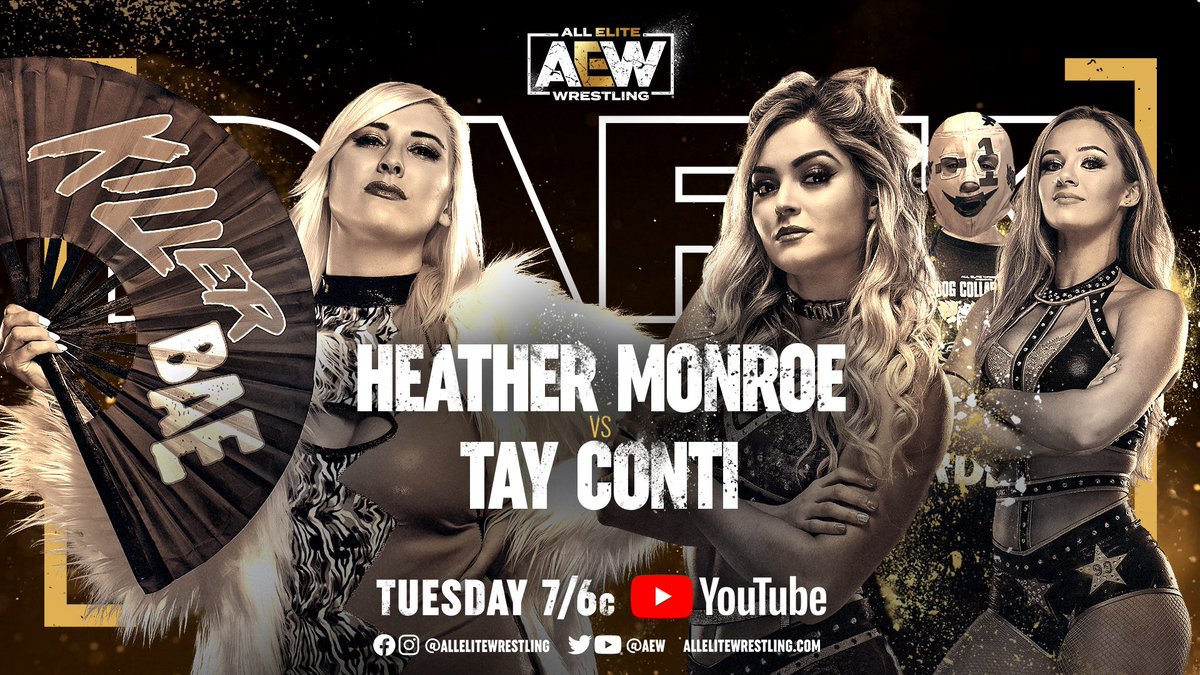 AEW's tweet photo. This Tuesday, tune in for a new episode of #AEWDark at 7/6c - https://t.co/lBSV4rTE11
-@EvilUno/@YTAlexReynolds/@ColtCabana v #2point0/@GarciaWrestling
-@Heatherisme v @TayConti_
-@InvictusKhash v @AngelicoAAA
-@WoodsIsTheGoods v @ShawnSpears https://t.co/naDwWJgJDb