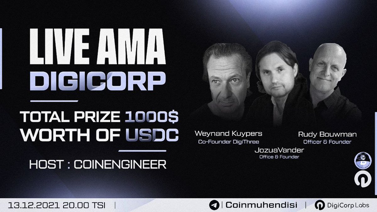 $1000 değerinde $USDC Ödüllü #DigiCorp ile AMA etkinliği düzenliyoruz.
 
AMA Tarihi : 13 Aralık - 20.00

10 adet soru ödüllendirilecek. Twitter (5) - Telegram (5) 

🔽Kurallar:

Takip Et
<a href="/coinmuhendisi/"></a>
+ 
<a href="/DigiCorpLabs/">DGMV by DIGICORP Labs</a>

▶️Beğen, Retweet

▶️Sorunu Sor 2 Arkadaşını Etiketle ✅