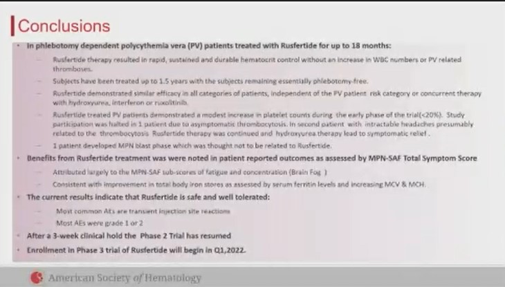 Congress| #ASH21| Ronald Hoffman, <a href="/IcahnMountSinai/">Icahn School of Medicine at Mount Sinai</a>, presents the phase II, PTG-300-04 trial of rusfertide (a hepcidin mimetic) in patients with PV. He concludes rusfertide controls hematocrit levels and essentially eliminates phlebotomy requirement in patients with PV. #MPNsm