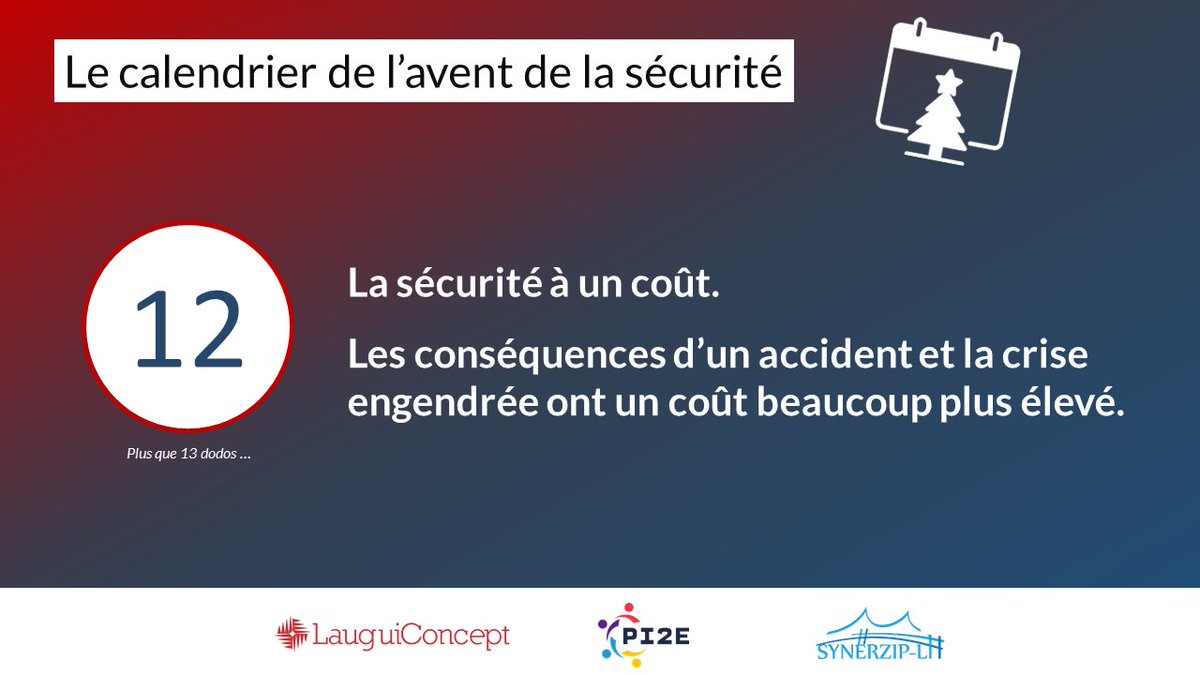 🎅⏳ #Calendrier de l'avent de la #sécurité !

1️⃣2️⃣ La sécurité à un coût. Les conséquences d’un accident et la crise engendrée ont un coût beaucoup plus élevé.

🚀 Ensemble, développons la #CultureSécurité 🚀