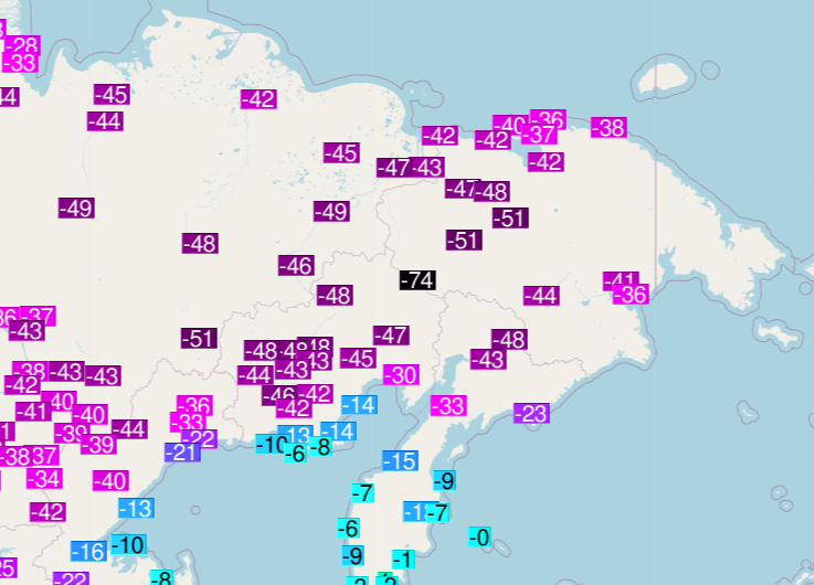RAM_meteo's tweet photo. Si los -74 ºC en #Omolon #Rusia siberiana, fuera cierto, sería récord absoluto de temperatura mínima en el mundo sin contar a la Antártida, pero hay muchas, muchas dudas . Dato provisional del 12 dic 2021 vía @ogimet https://t.co/yh67UBOCth