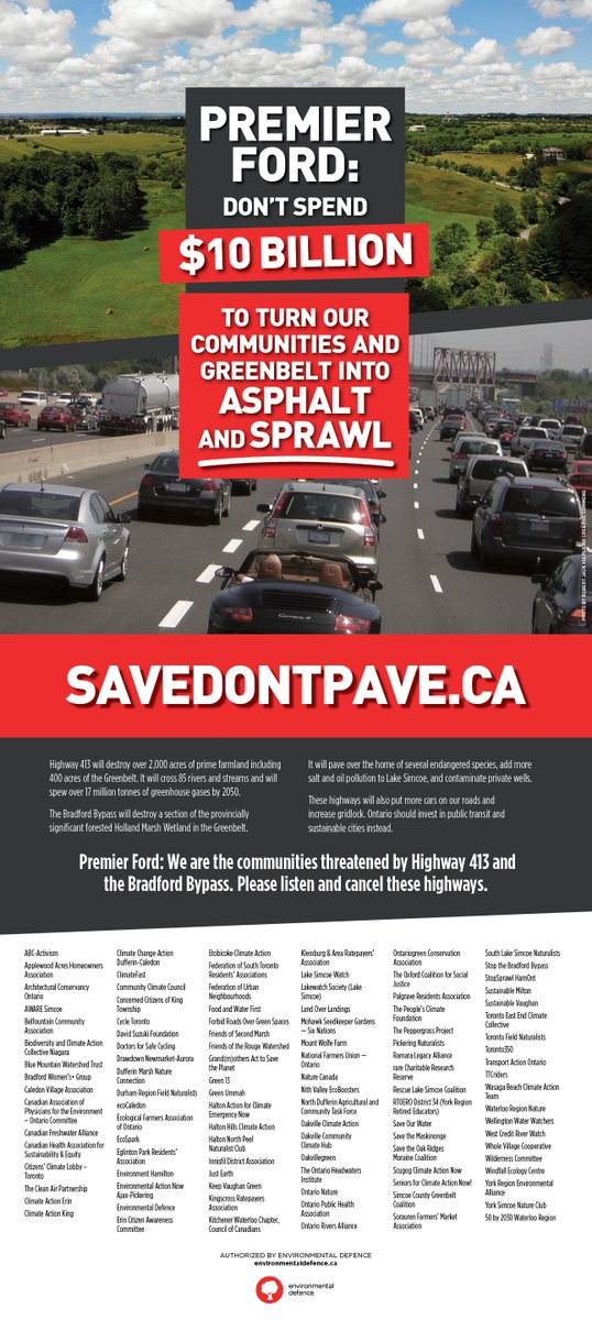 If you got today's Toronto Star, you would've seen this ad signed by 100+ groups telling @fordnation to cancel Highway 413 & the Bradford Bypass
Click on the photo to see the full ad and visit savedontpave.ca to learn more 
#Stopthe413 #StoptheBradfordBypass #onpoli