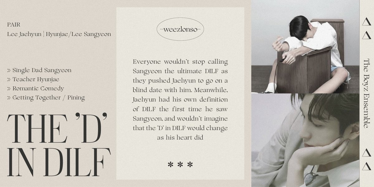 weezlonso's tweet photo. Mirror, Mirror, Standing Mirrors
✨For Die Jungz Fest R2 @diejungzfest 

⭐️Sangyeon/Hyunjae (Sangmil)
⭐️17,8k
⭐️Rated : Mature
⭐️Romantic Comedy, Getting Together, Mutual Pining
⭐️Single Dad Sangyeon, Teacher Hyunjae, Kid Youngjae

https://t.co/0Q0dhltSX8 https://t.co/Z3fNwl1VQd