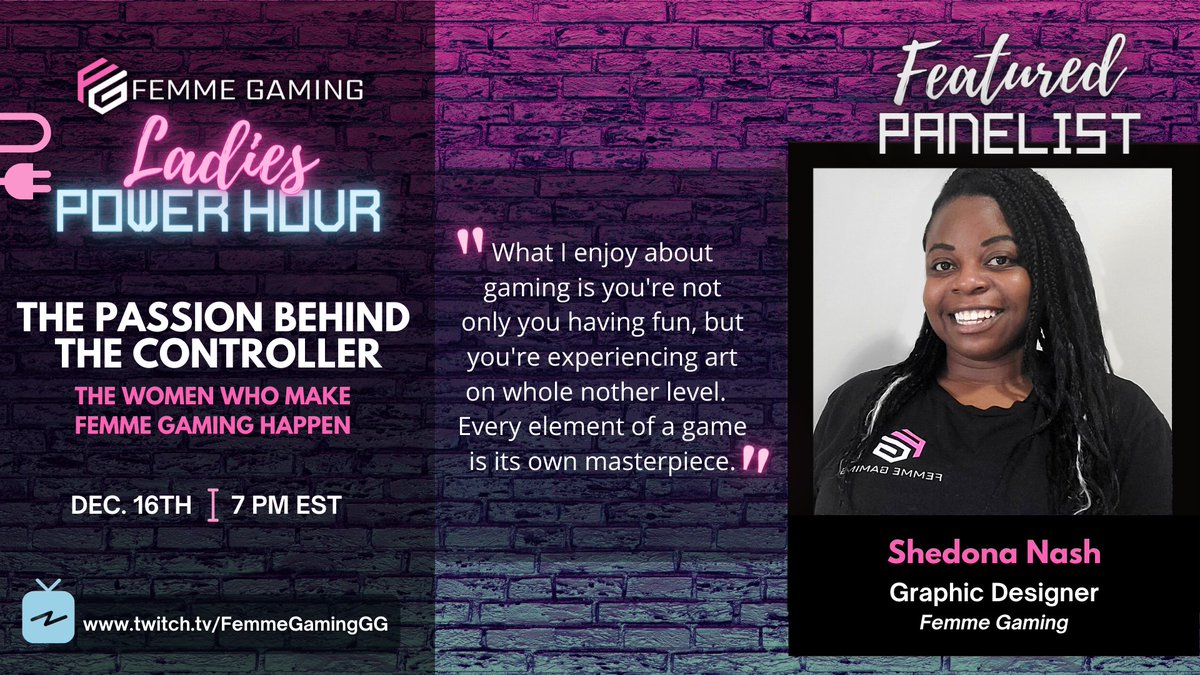 FemmeGamingGG's tweet photo. #Creative, consistent &amp; reliable she brings our Femme Gaming vision to life! Please meet our #super amazing and talented #GraphicDesigner Shedona Nash on our next LPH show!

Live Dec 16th @ 7:00PM ET
Follow us Now https://t.co/vm9kvGYOBT

#videogames #esports #femmegaming #gamers https://t.co/zBiEWrfCpY