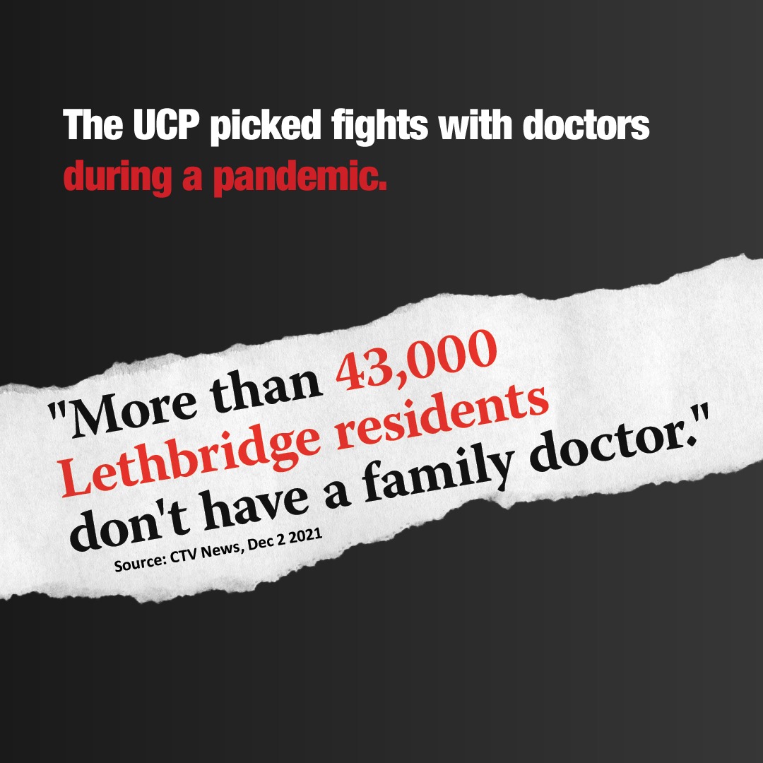 RachelNotley's tweet photo. Forty-three thousand people in Lethbridge with no doctor.

There are no doctors accepting patients in the city.

This is a healthcare crisis. Why won’t the UCP government step in and fix this? #ableg #abhealth https://t.co/JOsG7FF8B4