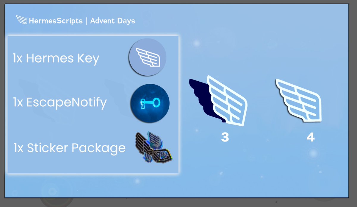 hermesscripts's tweet photo. 🕯️Third Advent Hermes X EscapeNotify GIVEAWAY

Have a look at our third Advent Giveaway Prizes!
🎄🎉

To participate:
◾️ Like &amp; RT this tweet
◾️ Follow @hermesscripts &amp; @EscapeNotify 
◾️ Tag @ friend in the comments (unlimited)

The Winners will be chosen next Saturday! https://t.co/kkb1oU75lR