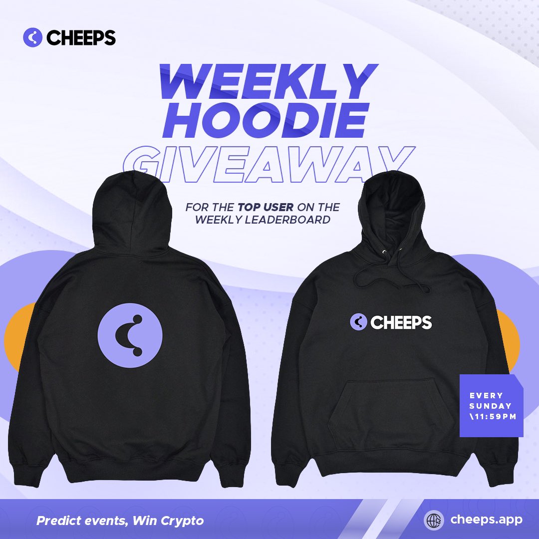 GetCheeps's tweet photo. Wanna get cool Merch from Cheeps?

Here’s your chance👇🏽

From now until the end of January 2022, we’ll be rewarding the top user on our weekly leaderboard with a customized Cheeps hoodie🔥🔥

Winners will be announced every Sunday. 

⚡️https://t.co/hPb6BVZwV0⚡️

#GetCheeps https://t.co/mrWTUXjznb