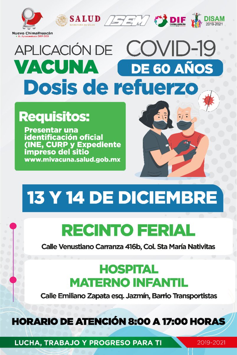 ChimalhuacanSi's tweet photo. La aplicación de la dosis de refuerzo de la vacuna contra Covid-19 para adultos de 60 años en adelante, se llevará a cabo los días 13 y 14 de diciembre. https://t.co/58Eti7uXnX