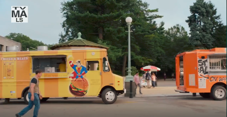 Oh, what a blast from the past on <a href="/TheLastOGtbs/">The Last O.G. on TBS</a>. the <a href="/FritesNMeats/">Frites'n'Meats</a> truck, an O.G. food truck itself. I must have racked up a dozen cards back when they'd park across from Radio City on 50th St. What a sight to look out the window, see that truck, and your stomach would growl.