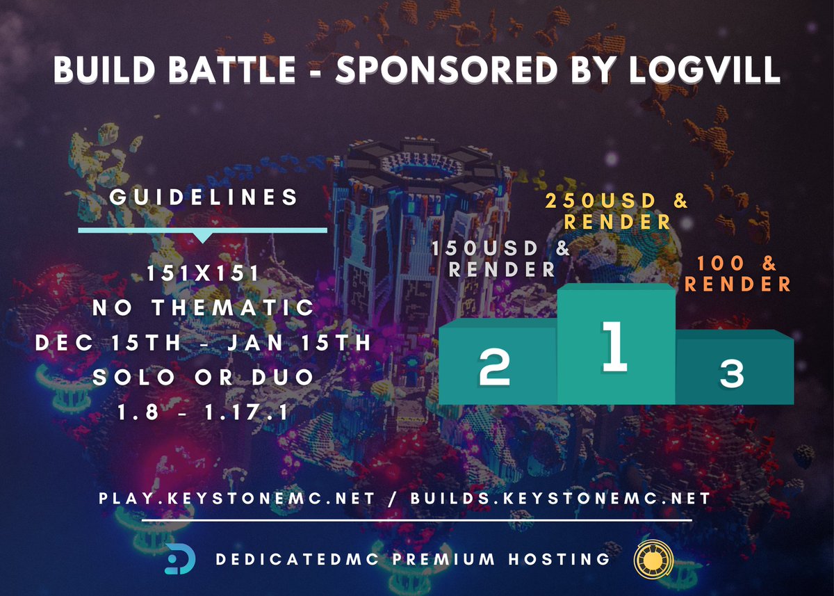 keystone_builds's tweet image. Our Public Build Battle is official!

Got @Dxnkbarkeit, @LordKingCrown, @Mia_Studios and @MCBuildShowcase to judge!

Join Keystone's Discord for support: discord.gg/keystonebuilds
Don't forget to join LogVill's Discord: discord.gg/PmK6GRSHFk

Thank you @DedicatedMCio for hosting!