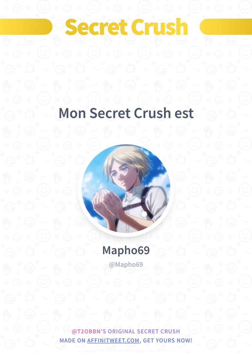 T2obbn's tweet photo. ✨ Secret Crush

Mapho69 t'aime secrètement ! 😳
Découvre qui t'aime en secret !

➡️ https://t.co/NXb55vCv0G https://t.co/1dLUZ1cJsq