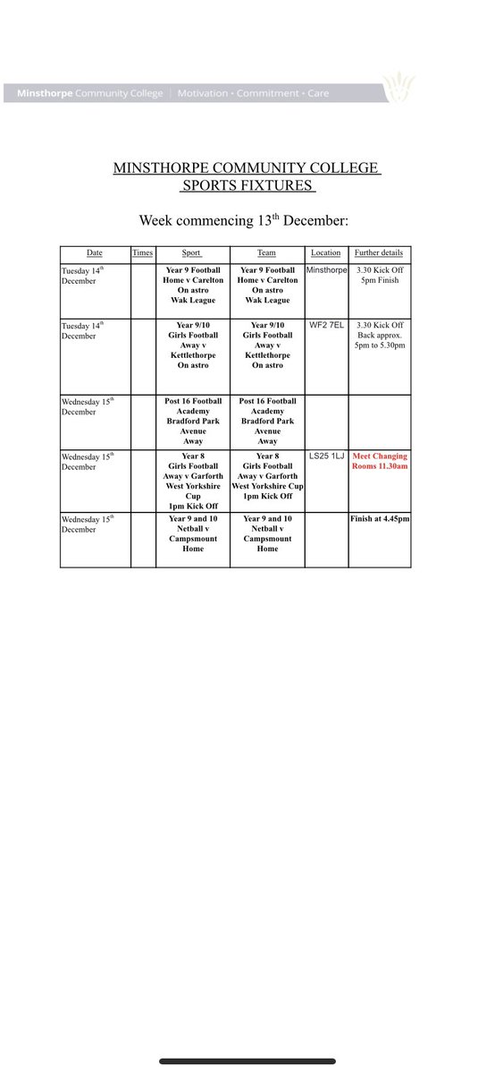 Upcoming fixtures for this week (W/C 13th December) ⚽️🏉🏐 #TeamMinsthorpe