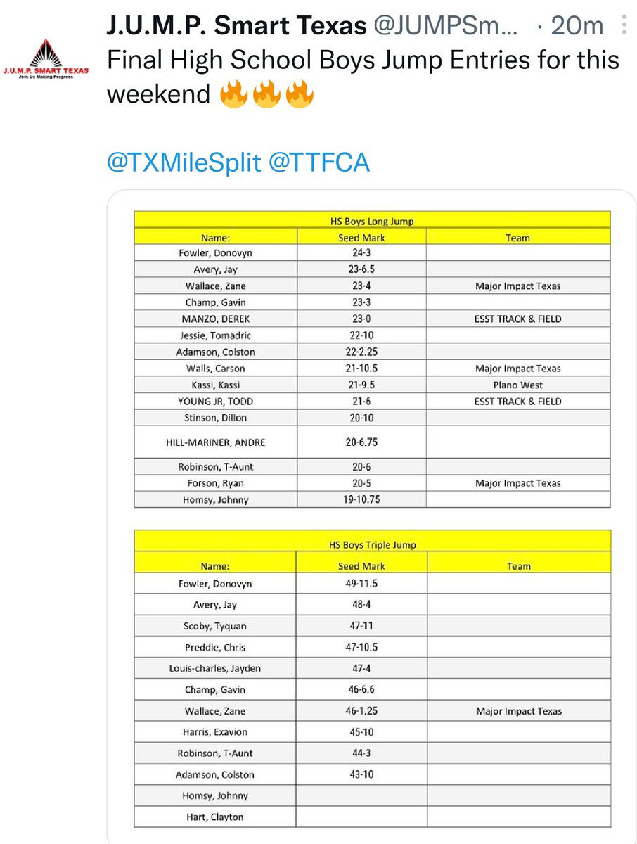 I missed SM 🐍 winning the 🏆 yesterday, but headed back to the Dallas area to support <a href="/ExavionX/">Exavion Harris ✝️</a> at the <a href="/NTXShowcase/">NTX Jumps Showcase</a> Although he's not in season, he couldn't pass on the invitation to jump against some of the best jumpers in the nation! His TJ PR is 46' 9.5" tho 🏈🏀🏃🏿‍♂️<a href="/iCoachNash/">iCoach</a>