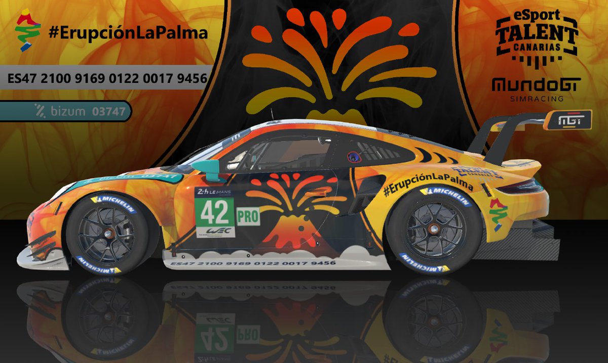Ya tenemos nuestro <a href="/Porsche/">Porsche</a> preparado para las <a href="/24hMonza/">24h Solidarias</a> solidarias, como se puede ver, nuestro apoyo será a #VolcandeLaPalma

Gracias a <a href="/eSportTalentCan/">Esport Talent Canarias 🇮🇨</a> y <a href="/MundoGT/">MundoGT</a> por su apoyo, y a <a href="/DjRamallo/">Alex Ramallo</a> por la skin😍 

Habrá muchas sorpresas!! Las 24h en directo en el canal de @pinialex7