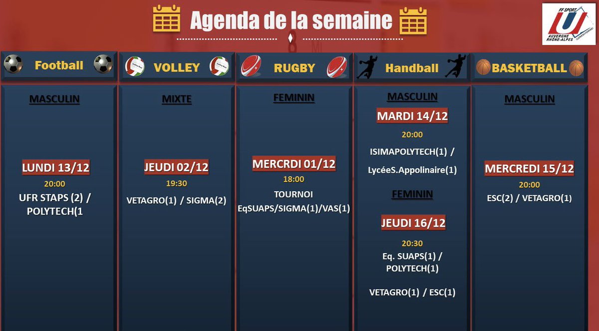 ⏰ AGENDA DE LA SEMAINE ⏰

Retrouvez les lieux des rendez-vous sur le site : sportco.abyss-clients.com/rencontres

Bonne semaine de compétition 🥇