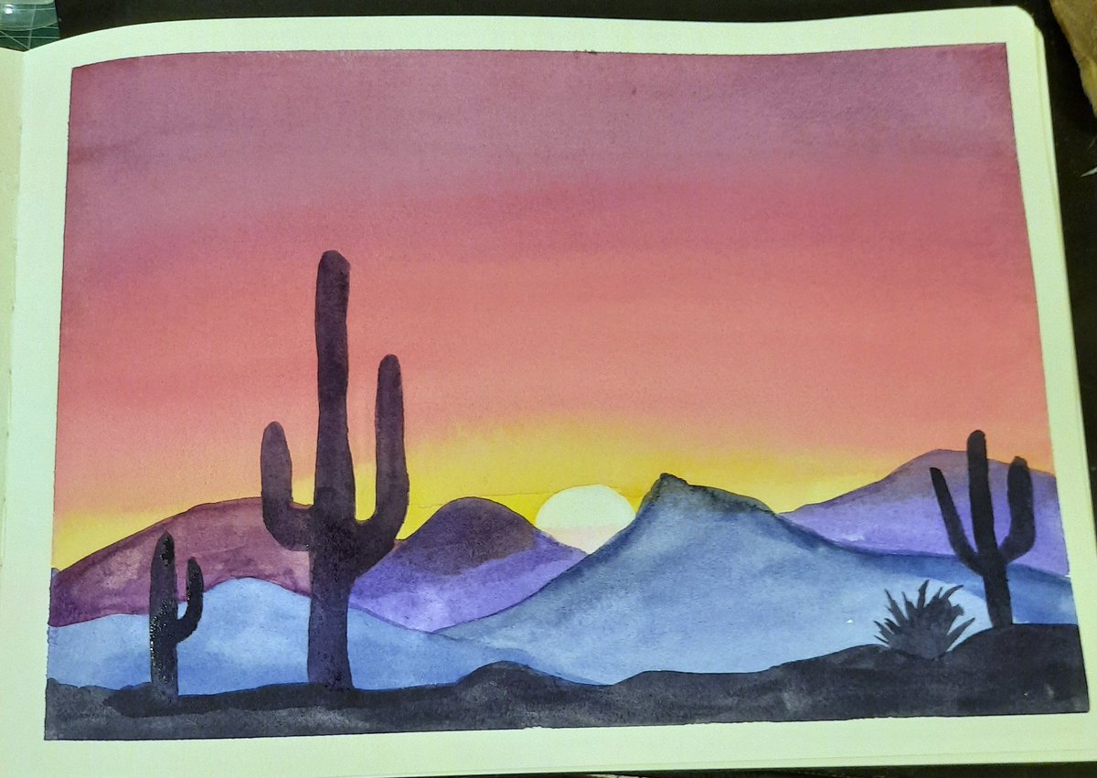 Trying to go back and forth between #letsmakeart tutorials and my own stuff. Time for a #letsgomakeart post. Love a good landscape. #watercolor #landscape #cactus