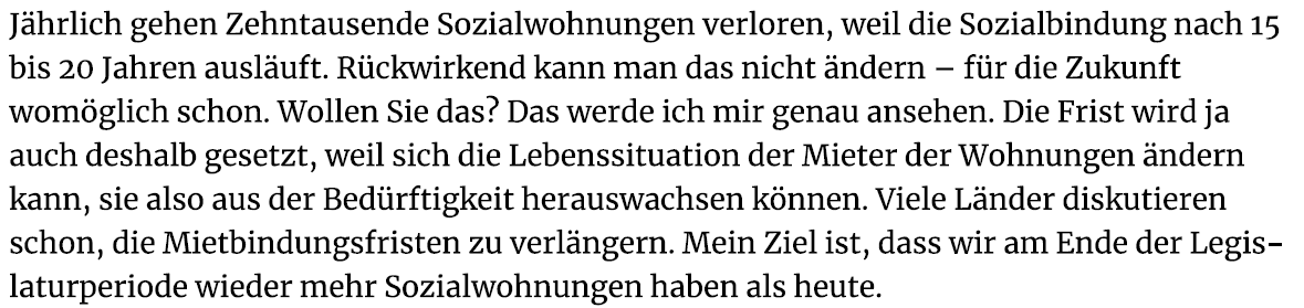 Traurig, wie ambitionslos <a href="/klara_geywitz/">Klara Geywitz</a> die Misere des Sozialen Wohnungsbaus angehen will. Weder stellt sie das gescheiterte dt. System der temporären Bindungen grundsätzlich infrage, noch erwähnt sie die im KoaVertrag vorgesehene neue #Wohnungsgemeinnützigkeit. 
So wird das nix