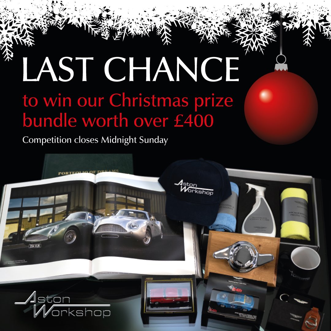 #competition Last chance to enter! Win over £400 worth of Aston Martin related merchandise. Closes Midnight. To enter visit aston.co.uk/christmas-priz… and answer a few simple questions. Ts&Cs apply. No purchase necessary. Over 18’s only. #win #prize #astonmartin #contest #giveaway