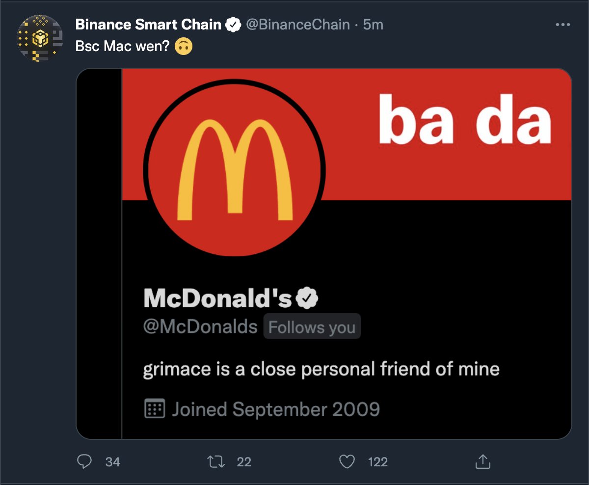 bircoin_brc's tweet photo. McDonald's follows Binance Smart Chain... *wink wink*

So, what's cooking McDonalds ? ;)

#Crypto #CryptocurrencyNews #BinanceSmartChain #Binance #Bitcoin #sundayvibes #cryptoMcD https://t.co/Trd42UsIxQ