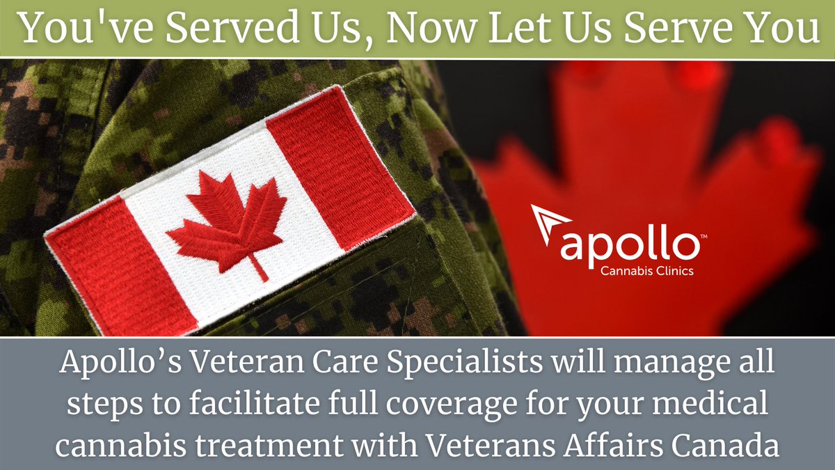 ApolloCannabis's tweet photo. Apollo provides exceptional #care to #Veterans of the #CanadianArmedForces, assisting with access to medical #cannabis, #VAC coverage, and ongoing support.  
Email us Veterans@apolloresearch.ca
#VAC #Vet #CanadianVets #SupportYourLocals https://t.co/6w0j8OCqlI