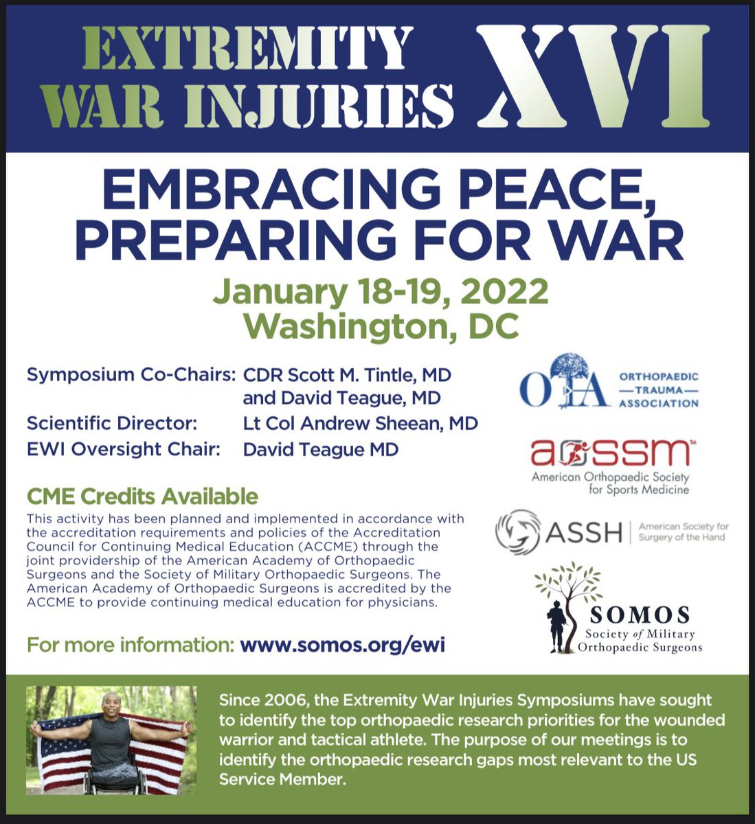 REGISTER NOW!!

Join Us in Washington, DC for 
EWI XVI, and learn:

🔥 What’s Hot in Trauma, Sports, &amp; Hand Surgery
💥 Disaster Medicine 
🔬 Research Programs &amp; Funding Sources

Don’t Miss Out - click below ⬇️ 
SOMOS.org/EWI-xvi

@AOSSM_SportsMed <a href="/otatrauma/">OTA</a> <a href="/HandSociety/">ASSH</a>