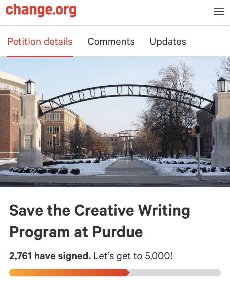 StudentsforCW's tweet photo. Thank you for helping us reach over 2,700 signatures!
Keep spreading the word, keep making your voices heard. It’s not hard to argue that Creative Writing programs matter. Why do they matter to you? Tell us using #SavePurdueCW
Sign our petition: https://t.co/TTCMOl3cRB https://t.co/zrsLYnAW5w