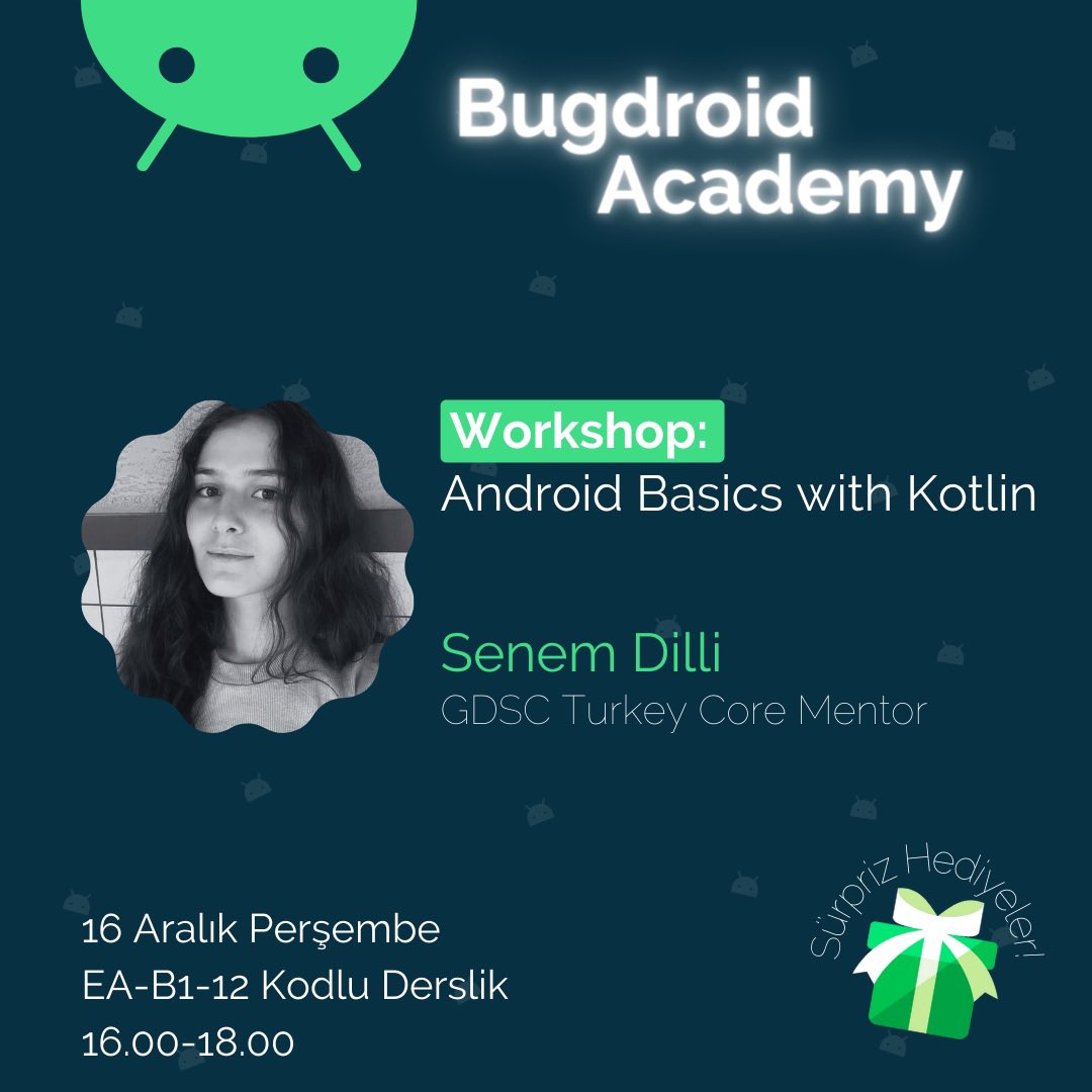 GDSC-TAÜ Kulübü olarak Bugdroid-Workshop etkinliğimizle karşınızdayız 🥳 Sürpriz ödüller kazanabileceğiniz etkinliğimiz 16 Aralık Perşembe saat 16.00’da yüz yüze olarak gerçekleştirilecek. Başvuru formuna ve detaylara linkten ulaşabilirsiniz: linktr.ee/gdsctgu