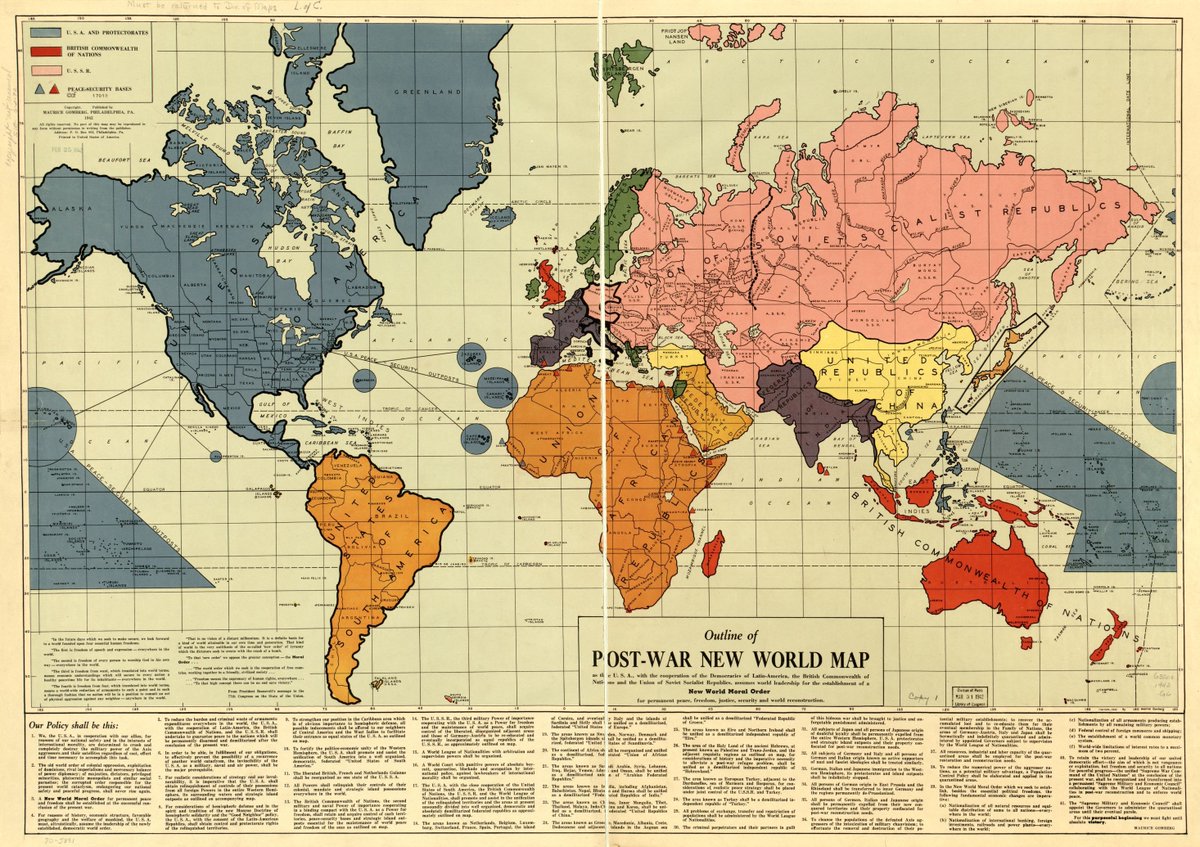 Mtth_Boisdron's tweet photo. La carte de Maurice Gomberg, baptisée "Outline of the Post-War New World Map" et publiée en février 1942, imagine, pour l’après-guerre, un "nouvel ordre moral mondial". La légende mérite d'être lue ! Source : Library of Congress. https://t.co/gvHA3C2kSF
