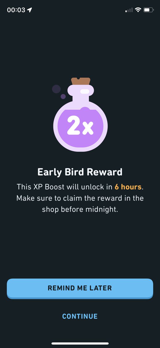 matteolingo's tweet photo. i’m not particularly bothered about XP on Duolingo, but for those who are… 

looks like you can now get an ‘Early Bird’ XP Boost for completing a lesson early in the day (we’re talking like 00:03 early). 

bagged myself one this morning because I’m a keen bean👇 

#langtwt https://t.co/fjfz4AgUnf