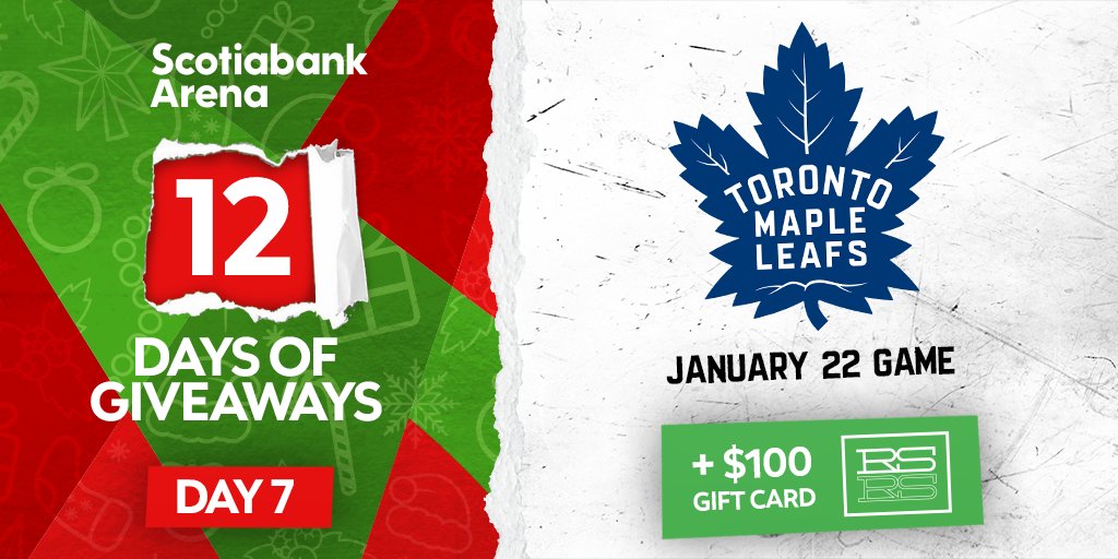 ScotiabankArena's tweet image. It's DAY 7️⃣  of our 12 Days of Giveaways 🎁  FOLLOW US + RETWEET + TAG A FRIEND for a chance to WIN a pair of tickets to see @mapleleafs’ game on January 22, 2022 + $100 at @realsports!

Rules: bit.ly/3yl7q6P