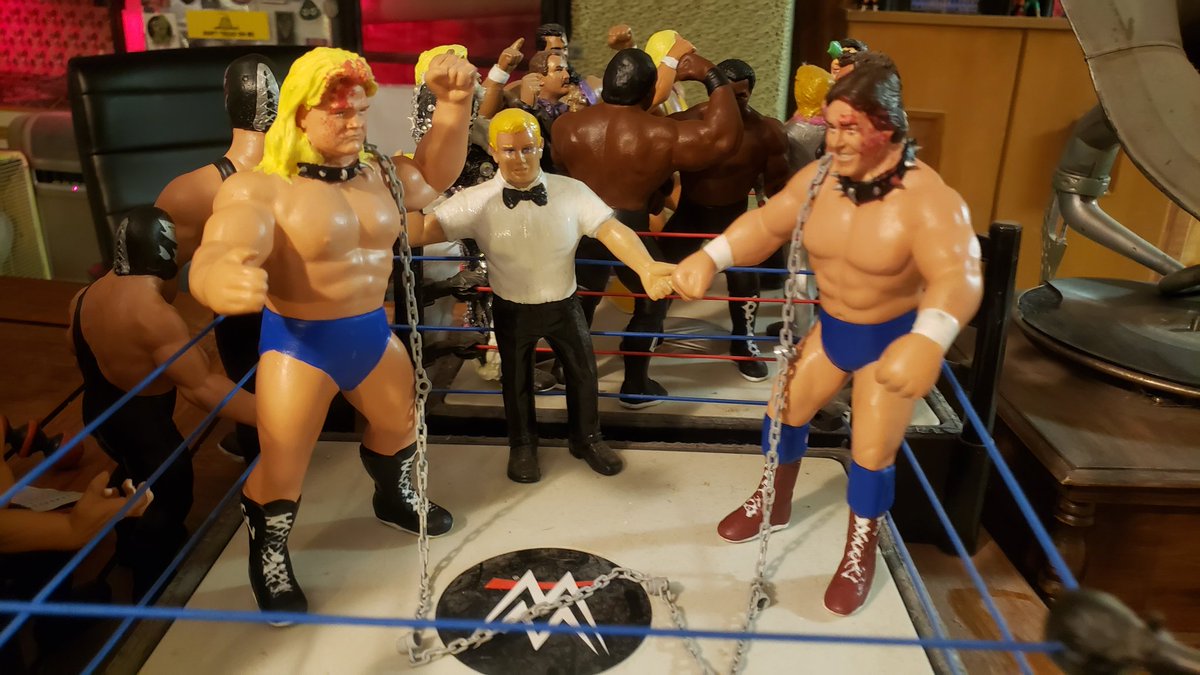 SiNNbODHi's tweet photo. DOG COLLAR MATCH: Greg 'The Hammer' Valentine vs Rowdy Roddy Piper #LJN customs designed by yours truly. Bodies printed on @anycubic3dprint Photon Mono X. Piper head supplied by Joe Gaddor. Valentine head supplied by Zaash Mann. If you want a custom, let me know! https://t.co/neXYDWeu5G