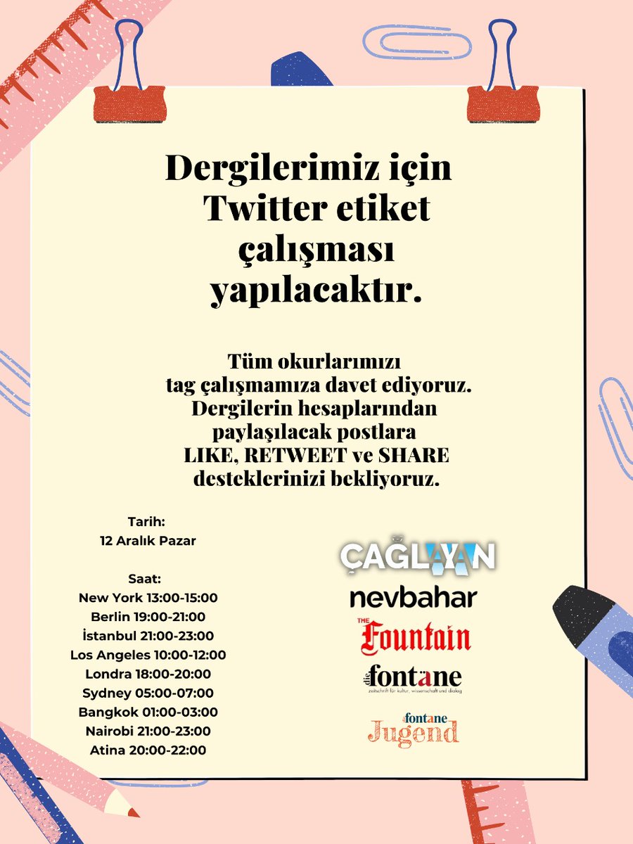 Kıymetli okurlarımız,
Etiket çalışmamız yaklaşık 
yarım saat sonra başlayacaktır.

#GelTazelenelim

<a href="/diefontaene/">diefontaene</a>
<a href="/CaglayanDergisi/">Çağlayan Dergisi</a>
<a href="/NevbaharDergisi/">Nevbahar Dergisi</a>
<a href="/FountainMag/">The Fountain</a>
<a href="/JugendAg/">Fontäne Jugend</a>