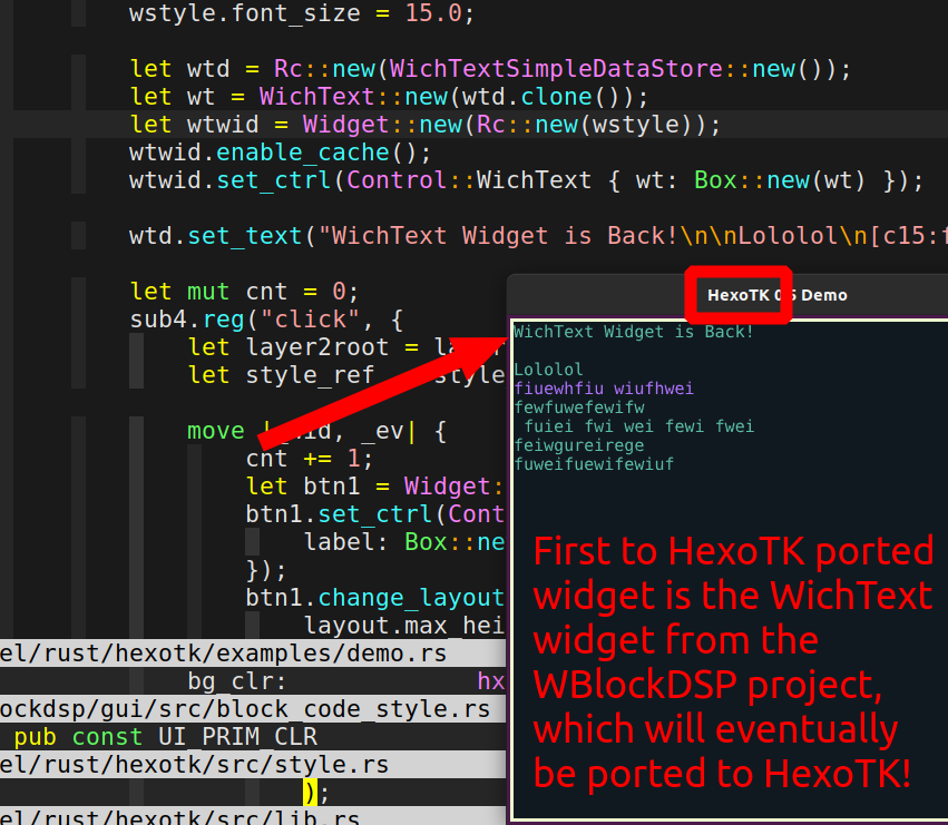 WeirdConstruct1's tweet photo. Ported the WichText widget to HexoTK today. It's good that all the toolkits I tried used femtovg, so porting the drawing code, was the easiest task. #programming #coding #gui #guidesign #rustlang https://t.co/Uov9gDiBCs