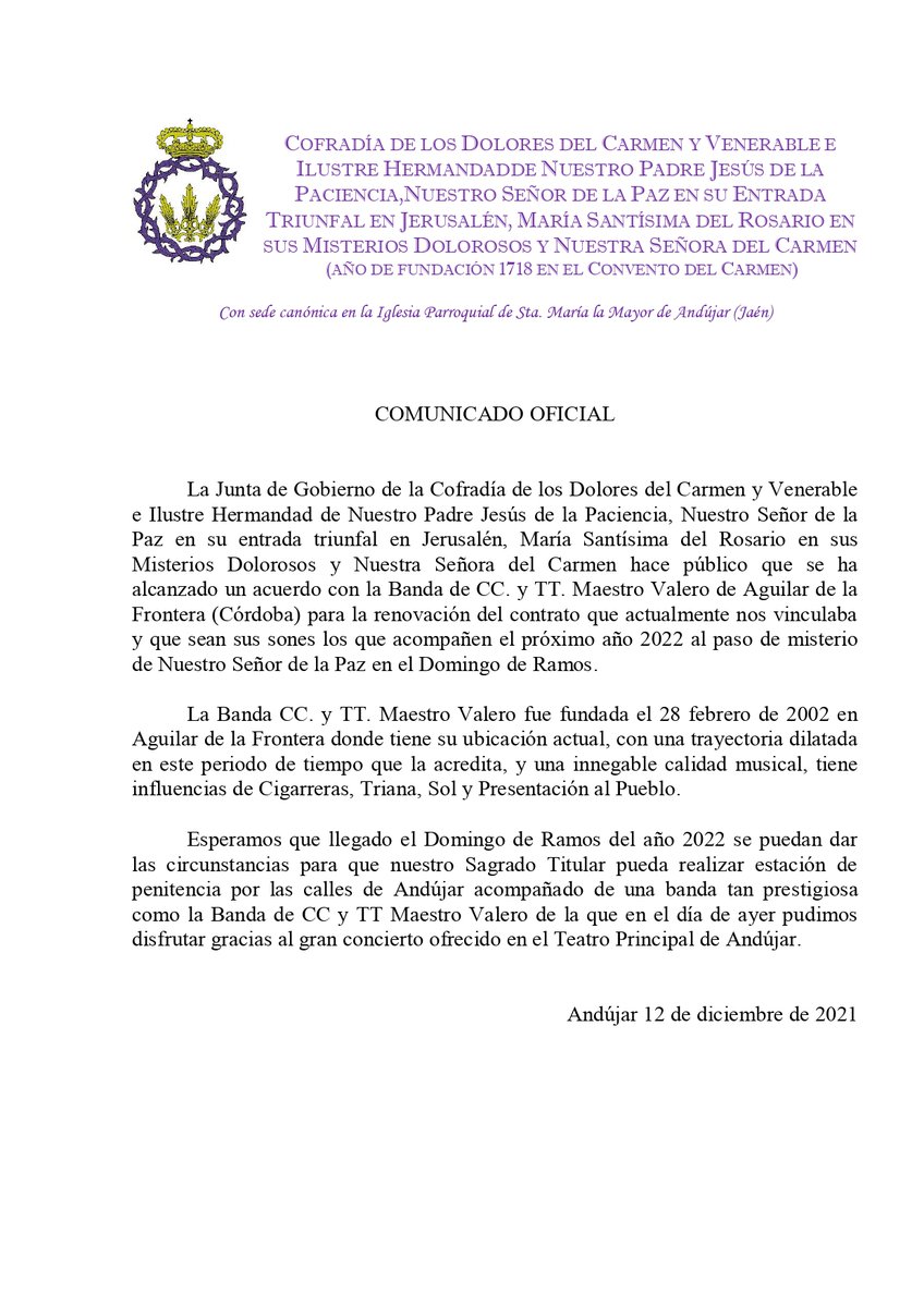 <a href="/PacienciaHdad/">Hermandad Paciencia</a>   ha alcanzado un acuerdo con la Banca CC. TT. <a href="/Bctmaestrovaler/">BCT  Maestro Valero</a>  para la renovación del contrato que actualmente nos vinculaba y que sean sus sones los que acompañen el próximo año 2022 al paso de misterio de Nuestro Señor de la Paz en el Domingo de Ramos.