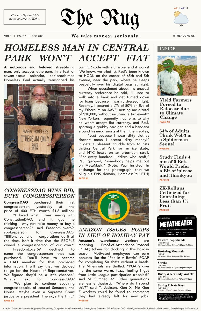 TheRugNews's tweet photo. A brand new edition of the mostly credible news source in web3 is fresh off the blockchain press. 

In our second issue:

🏆 @Amazon POAPs 
📜 @ConstitutionDAO buys a Congressperson 
🍿 Movie showtimes in the metaverse

Read on @viamirror: https://t.co/wALreuX8nZ https://t.co/O0uw8k11du
