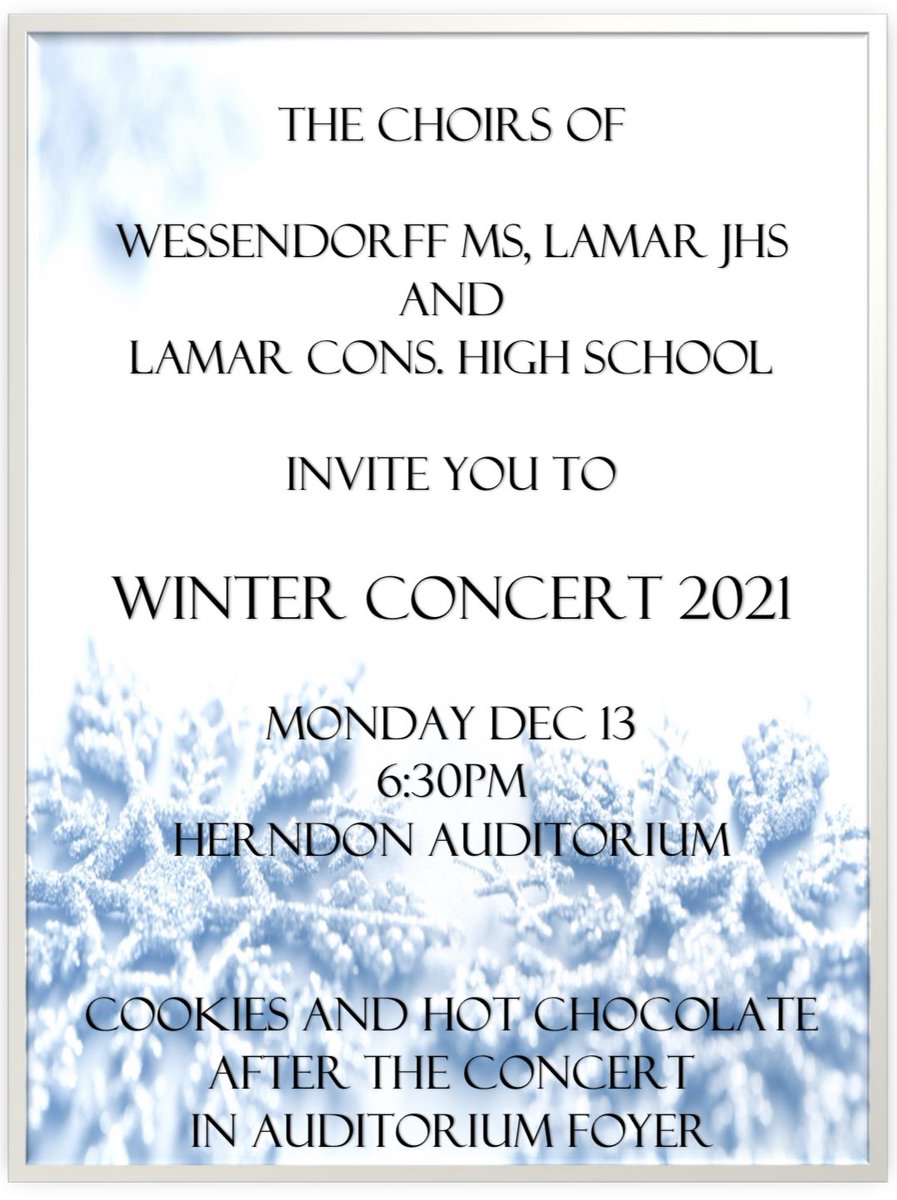 Join us for our Winter Concert Monday Dec. 13 6:30pm LCHS Auditorium @LCHSMrsKing <a href="/kaye1332/">Dr. Kaye Williams</a> @MustangSquires <a href="/LamarCISD/">Lamar CISD</a> @LamarConsPVA <a href="/LCHSMustangs/">Lamar Mustangs</a>