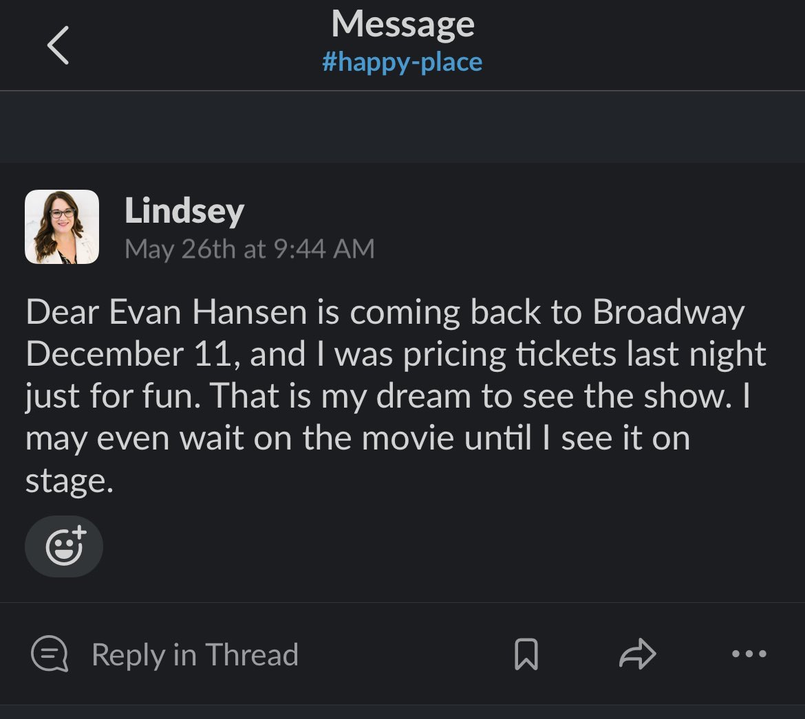 LindseyMillerWP's tweet photo. In May I sent a slack message to the Content Journey team.
Forgot about it.
7 months later and Iβm here to see @DearEvanHansen!
Dream come true. π
#ticketforone https://t.co/IRsiUI7rnV