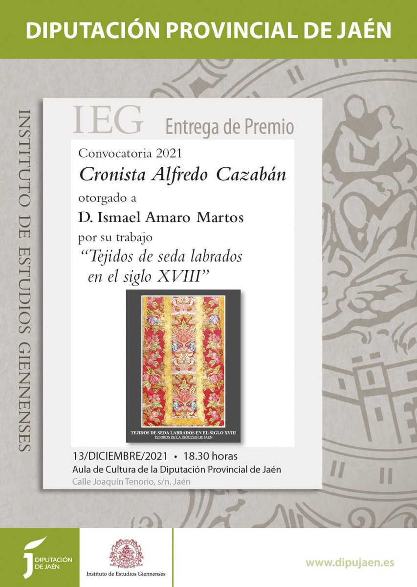 UjaCultura's tweet photo. Queremos dar la enhorabuena a Ismael Amaro, comisario de la exposición ‘Al hilo de la seda’ (noviembre 2019-febrero 2020, https://t.co/cMQIv83hg3), ganador del Premio Cronista Cazabán 2021 https://t.co/RADselcC5S