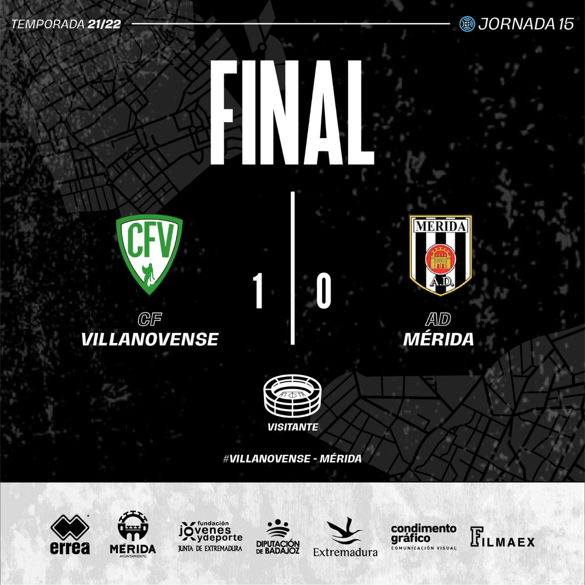 ❌ Final del partido en Villanueva de la Serena.

<a href="/cfvillanovense/">C.F. Villanovense</a> 1-0 <a href="/Merida_AD/">A.D. Mérida</a> 

#VillanovenseMérida